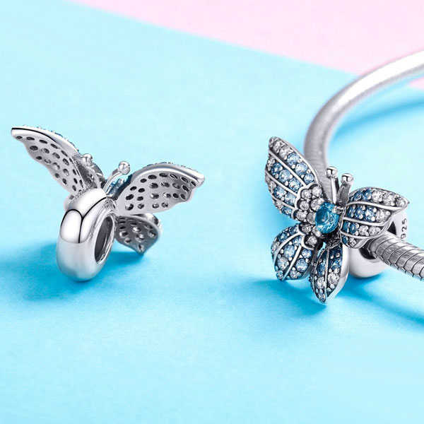 Crystal Blue Butterfly Charm - Sterling Silver - Silver Wholesalers