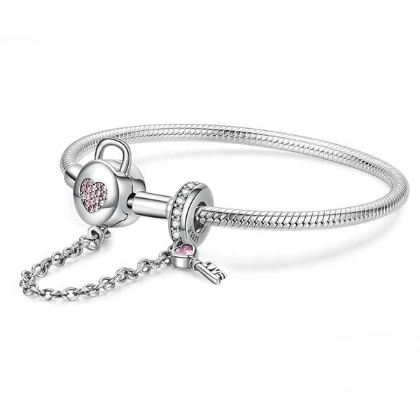 Pink CZ Heart Lock and Key Safety Chain Bracelet
