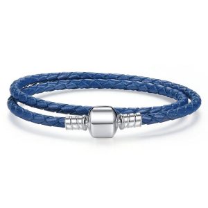 Plain Clasp Blue Double Leather Bracelet