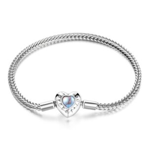 bamoer Heart-Shaped Charm & Beads Bracelet 925 Sterling Silver Snake Chain Basic Bracelet For Women Moonstone Jewelry 17CM 19CM 7